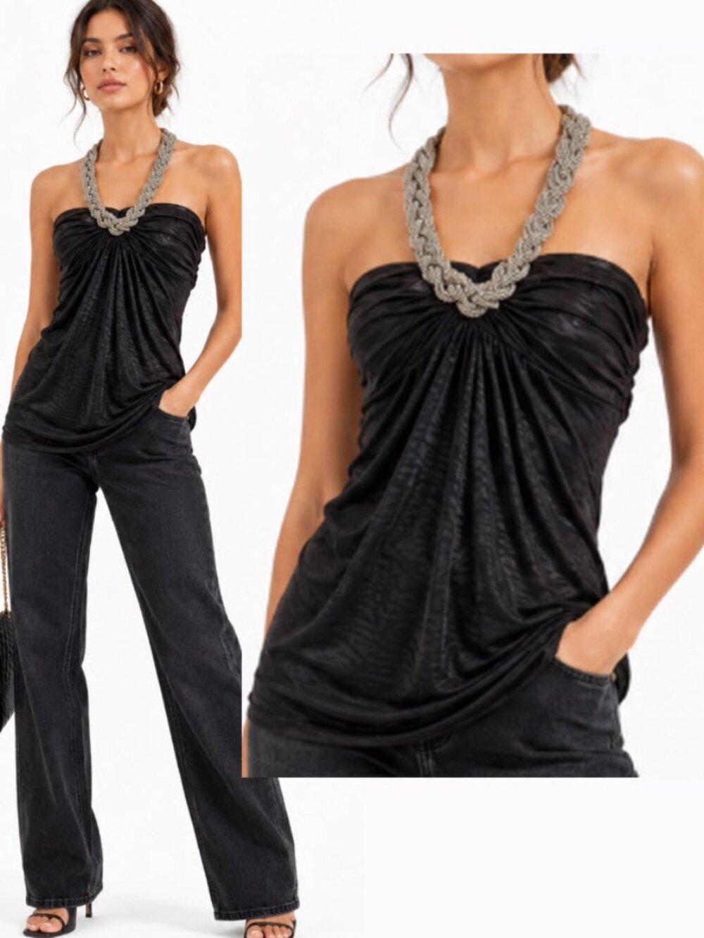 Jane Norman Black Strapless Top with Beaded Necklace Size Medium, Mini Dress